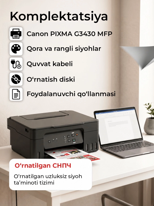 Canon PIXMA G3430, G3416, G3410 — Uy va ofis uchun rangli printer 3 tasi 1 da, Wi-Fi
