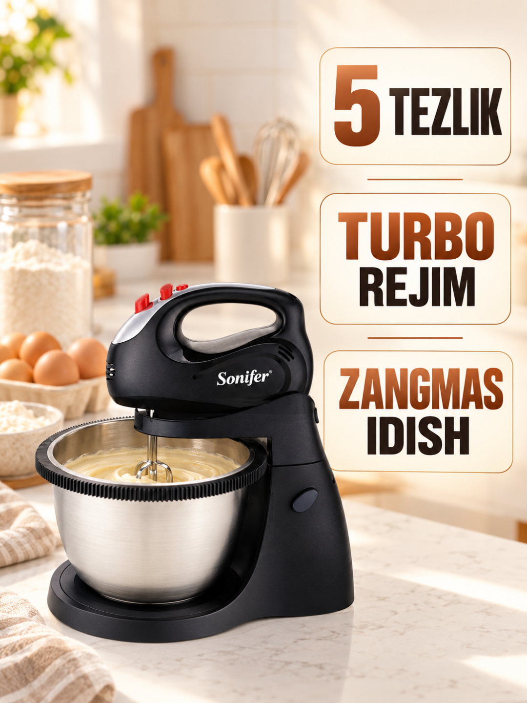 Mikser Sonifer SF-7014 aylanuvchi 3 L idishli 250 W turbo 5 tezlik - 