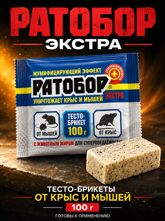 Ратобор Экстра, тесто-брикет против крыс и мышей, 100 г - 