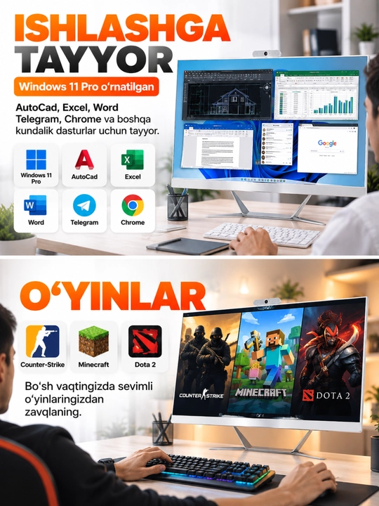 Monoblok 27" IPS H610 Yangi Avlod, Intel Core i3/i5/i7, DDR4, SSD, Windows 11 Pro