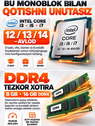 Monoblok 27" IPS H610 Yangi Avlod, Intel Core i3/i5/i7, DDR4, SSD, Windows 11 Pro