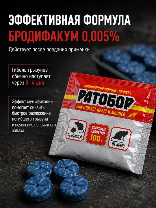 Ратобор средство от крыс и мышей, восковые таблетки, приманка 100 г