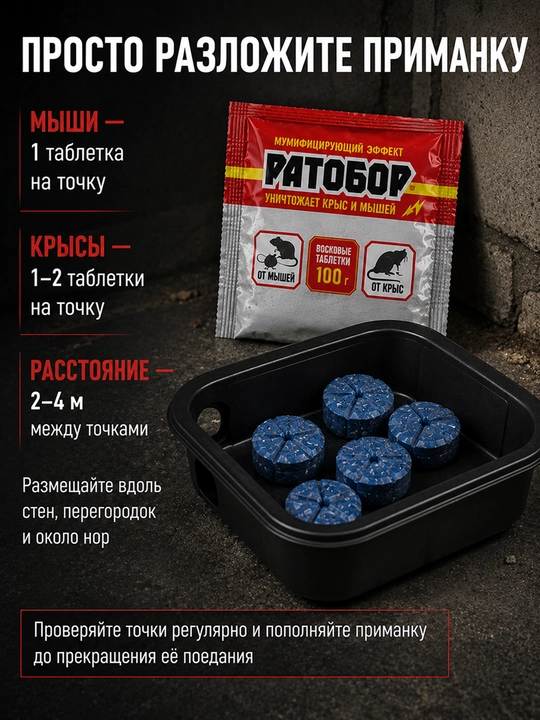 Ратобор средство от крыс и мышей, восковые таблетки, приманка 100 г