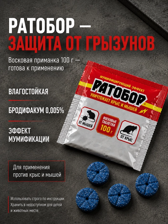 Ратобор средство от крыс и мышей, восковые таблетки, приманка 100 г