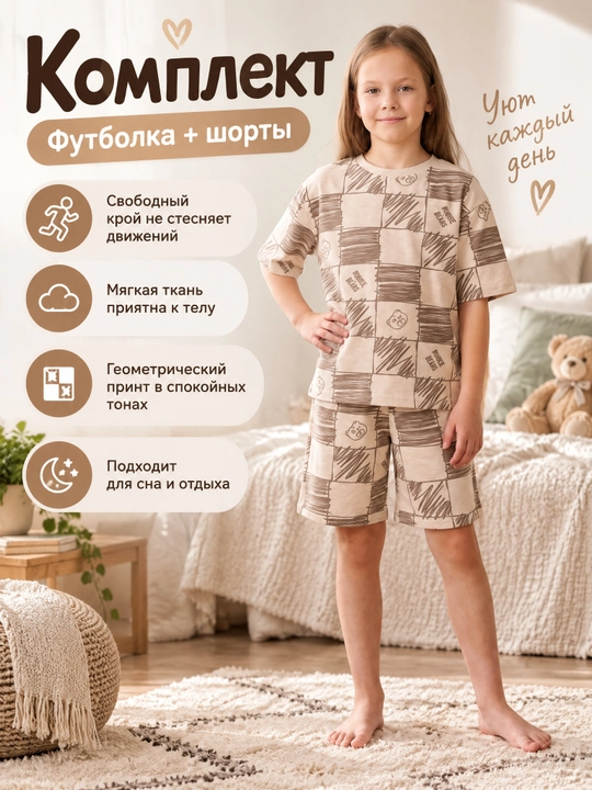 Детский, подростковый хлопковый комплект, футболка и шорты, домашняя одежда, для спорта - 