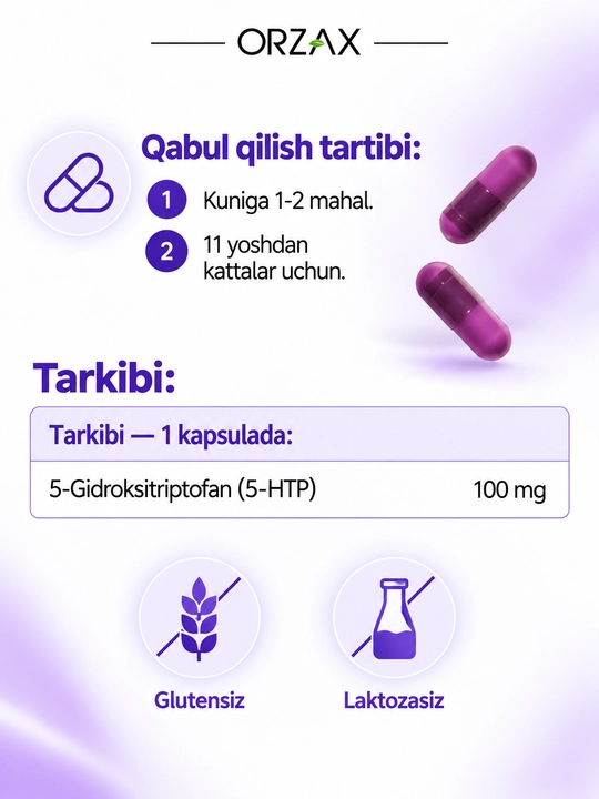 Ocean 5-HTP — 5-gidroksitriptofan 100 mg, kayfiyat, stress va uyqu uchun, 30 kapsula Halol
