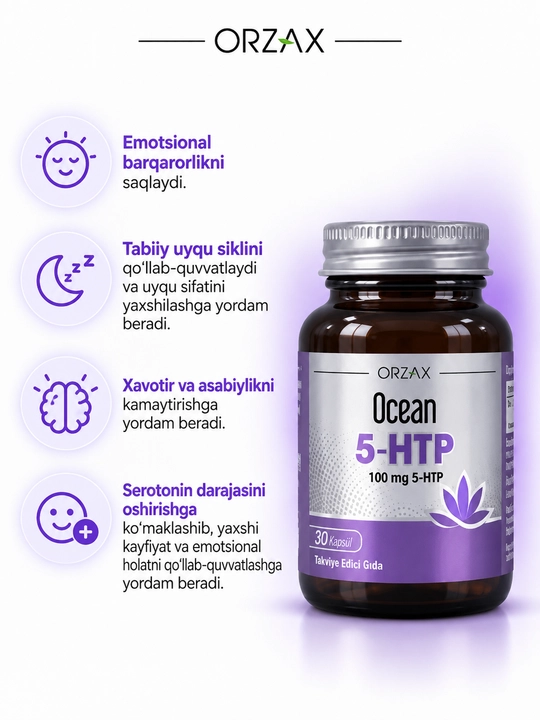 Ocean 5-HTP — 5-gidroksitriptofan 100 mg, kayfiyat, stress va uyqu uchun, 30 kapsula Halol