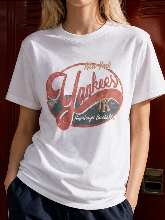 Ayollar uchun New York Yankees printli paxta oversayz futbolka, qisqa yengli - 