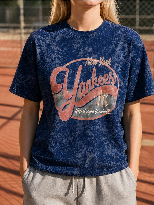 Ayollar uchun New York Yankees printli paxta oversayz futbolka, qisqa yengli