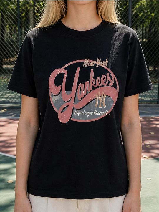 Ayollar uchun New York Yankees printli paxta oversayz futbolka, qisqa yengli