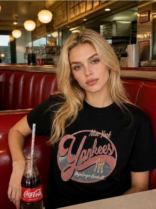 Ayollar uchun New York Yankees printli paxta oversayz futbolka, qisqa yengli