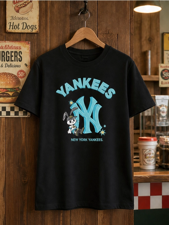 Ayollar uchun Yankees va quyon printli paxta oversayz futbolka, qisqa yengli