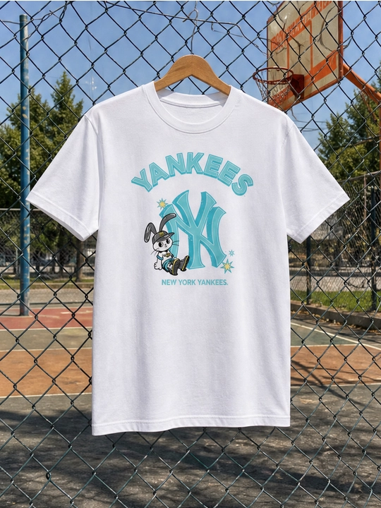Ayollar uchun Yankees va quyon printli paxta oversayz futbolka, qisqa yengli