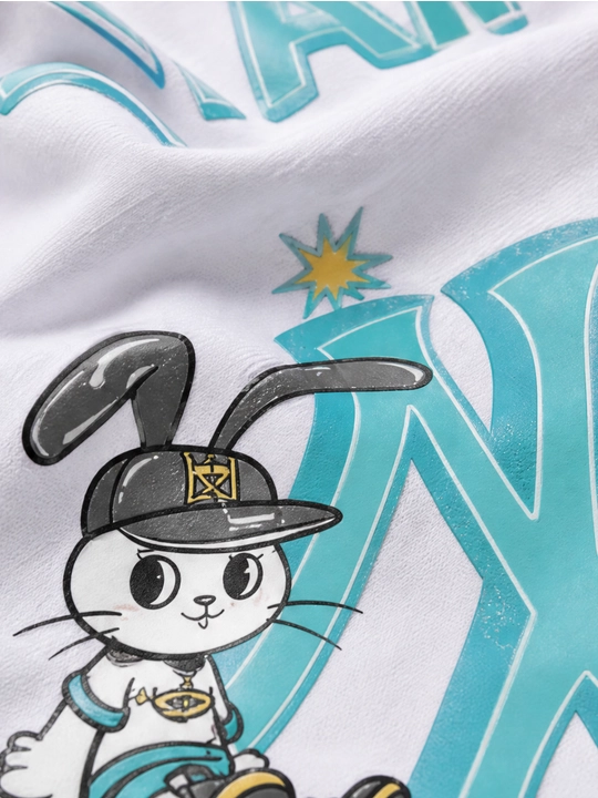 Ayollar uchun Yankees va quyon printli paxta oversayz futbolka, qisqa yengli
