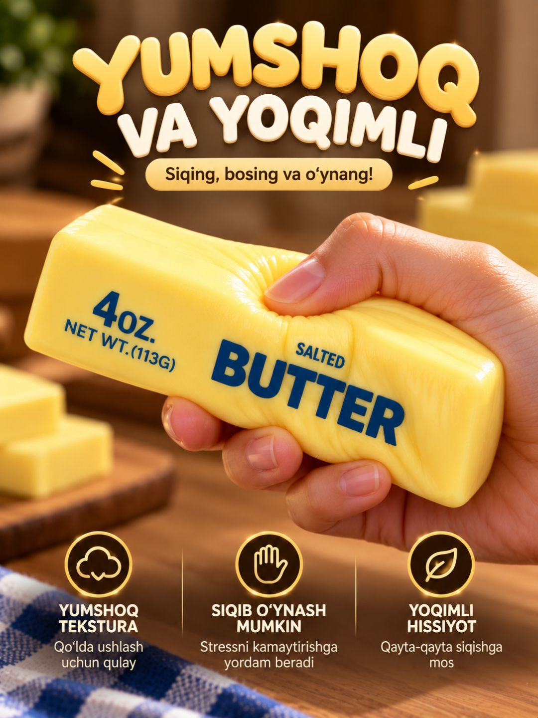Antistress o‘yinchoq – Sariyog‘ shaklidagi Squishy, yumshoq siqiladigan o‘yinchoq - 