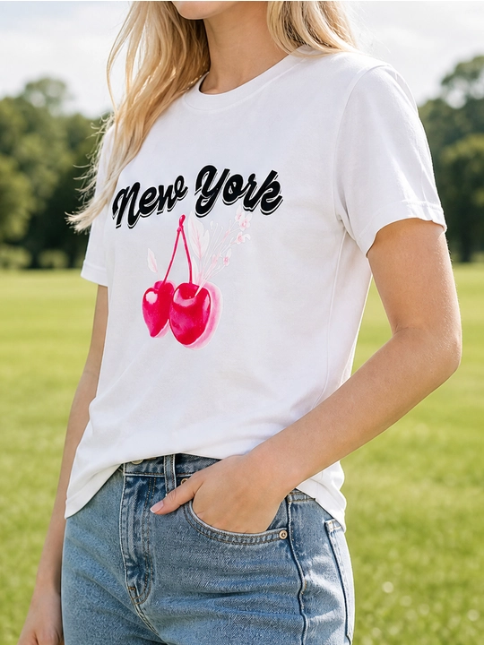 Ayollar uchun New York va gilos printli paxta oversayz futbolka, qisqa yengli