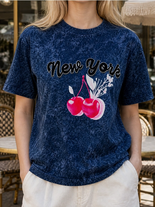 Ayollar uchun New York va gilos printli paxta oversayz futbolka, qisqa yengli