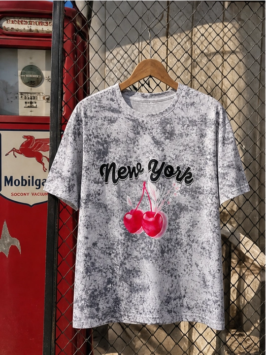 Ayollar uchun New York va gilos printli paxta oversayz futbolka, qisqa yengli