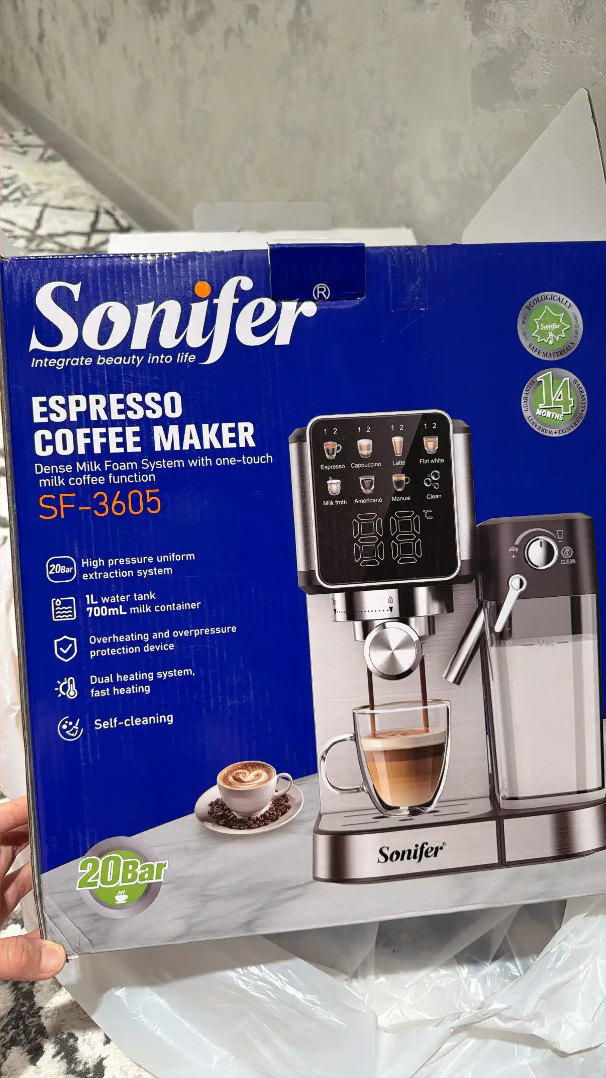 Кофемашина Sonifer с автоматическим капучинатором, давления 20 бар, мощность 1350 вт