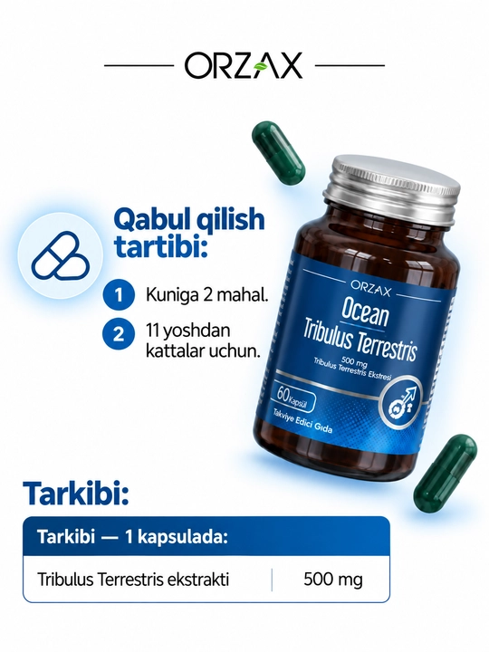 Ocean Tribulus Terrestris — erkaklar quvvati, libido va fertilitet uchun, 60 kapsula Halol