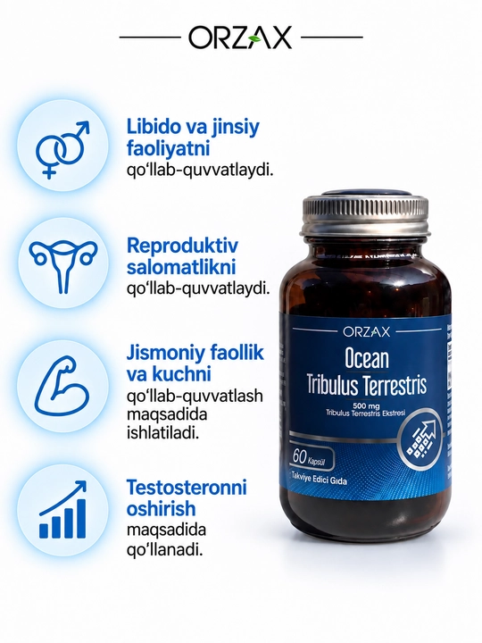 Ocean Tribulus Terrestris — erkaklar quvvati, libido va fertilitet uchun, 60 kapsula Halol