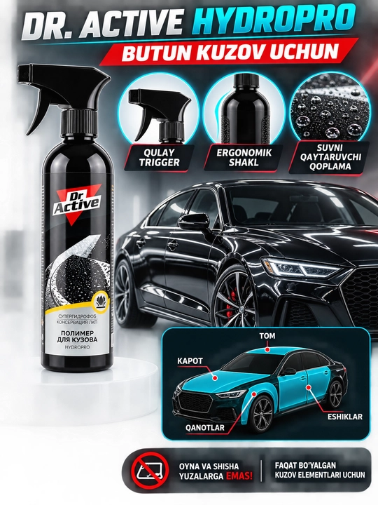 HydroPro 500 ml kuzov uchun polimer - supergidrofob, bo‘yoq qoplamasini himoya yaltiratish