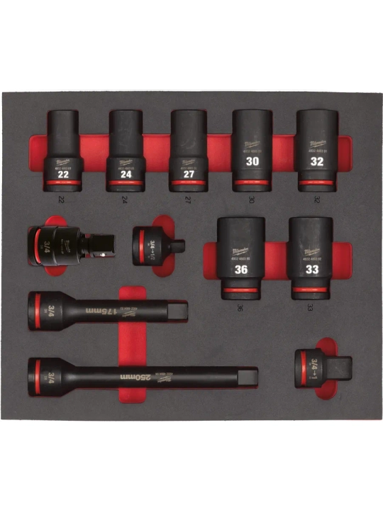 Набор головок ударных удлиненных Milwaukee 3/4'' (12 шт)(22,24,27,30,32,33,36) в ложементе