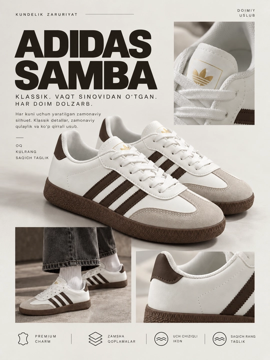 Samba unisex kundalik krossovkalar, qora rang, jigarrang taglik, 39–44 o‘lcham - 