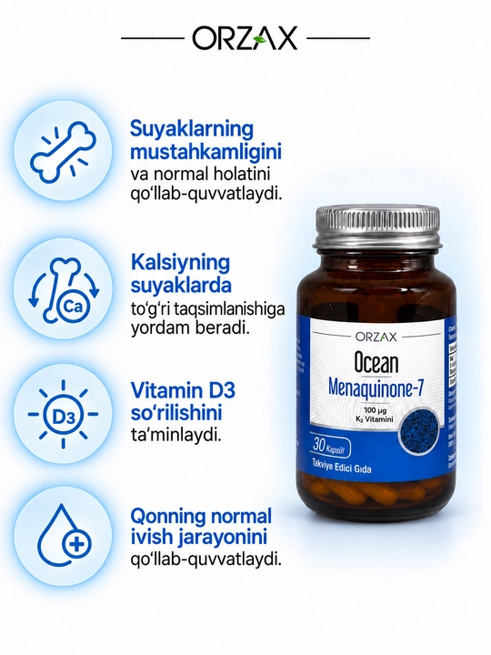 Ocean Menaquinone-7 MK-7 — K2 vitamini 100 mkg, suyak va yurak uchun, №30, Halol