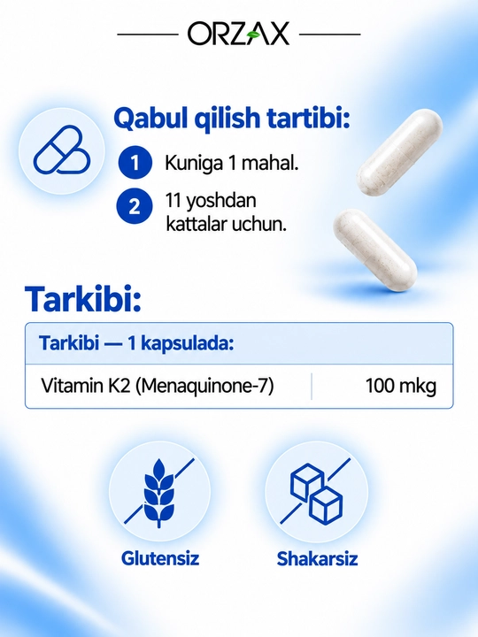 Ocean Menaquinone-7 MK-7 — K2 vitamini 100 mkg, suyak va yurak uchun, №30, Halol