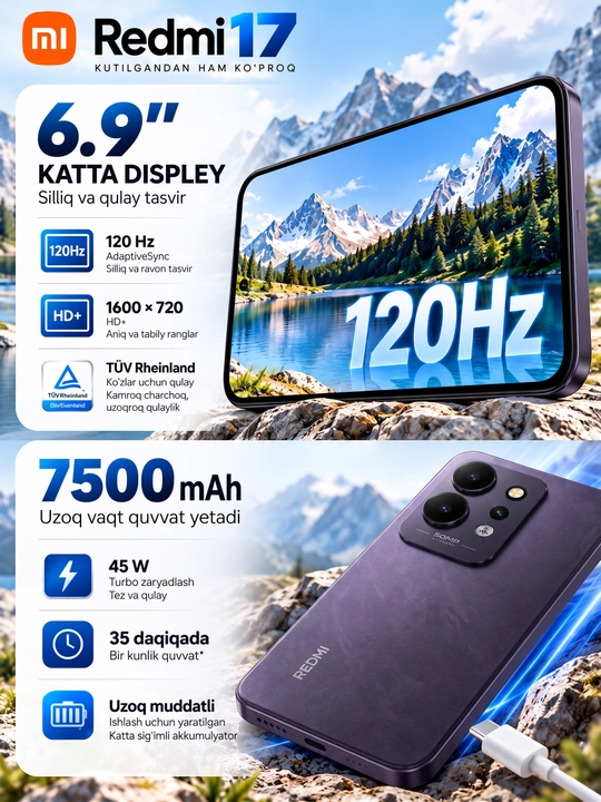 Смартфон Redmi 17, 7500 мАч 45 Вт, большой 6,9″ дисплей, камера 50 Мп, 4 ГБ ОЗУ, 256 ГБ