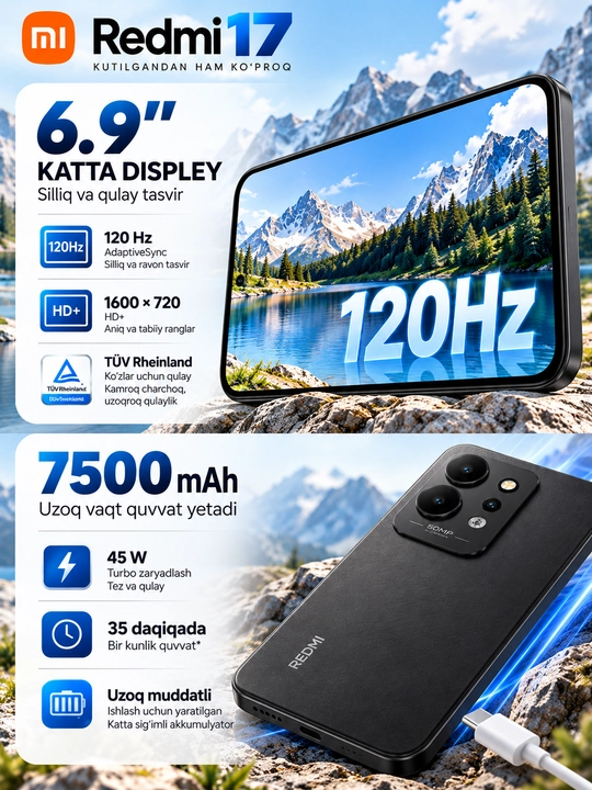Смартфон Redmi 17, 7500 мАч 45 Вт, большой 6,9″ дисплей, камера 50 Мп, 4 ГБ ОЗУ, 256 ГБ