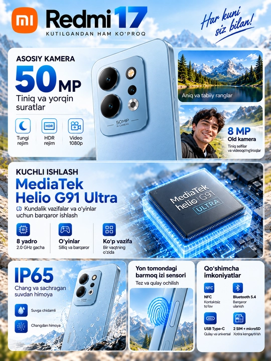 Смартфон Redmi 17, 7500 мАч 45 Вт, большой 6,9″ дисплей, камера 50 Мп, 4 ГБ ОЗУ, 256 ГБ