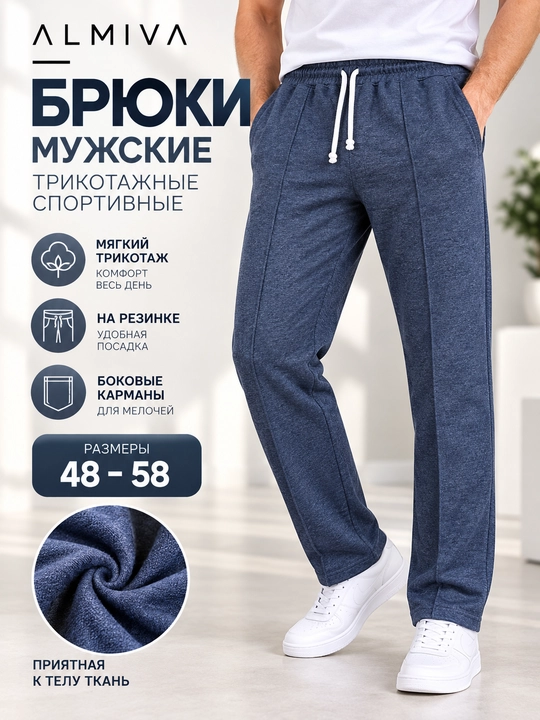 Брюки мужские трикотажные спортивные ALMIVA, хлопок, на резинке - 