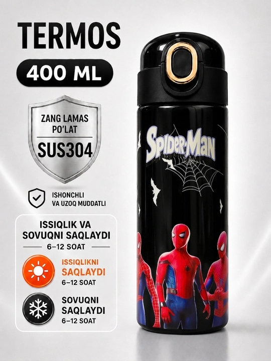 Termos, 400 ml, o'g'il bolalar uchun, maktab uchun zanglamaydigan po'latdan termos - 
