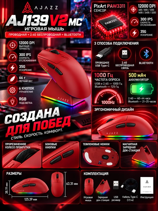 AJAZZ AJ139P V2 MC игровая мышь, проводная, беспроводная, Bluetooth, для CS:GO - 