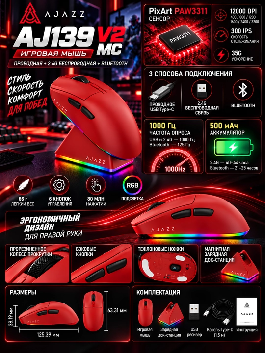 AJAZZ AJ139P V2 MC игровая мышь, проводная, беспроводная, Bluetooth, для CS:GO