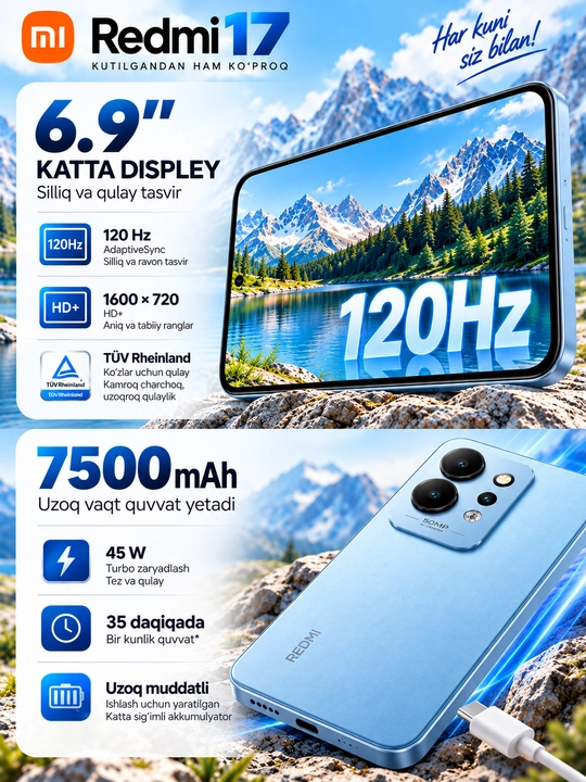 Смартфон Redmi 17, 7500 мАч 45 Вт, большой 6,9″ дисплей, камера 50 Мп, 4 ГБ ОЗУ, 256 ГБ