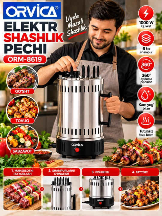 Elektr shashlik pechi – avtomatik aylanuvchi shampurlar bilan