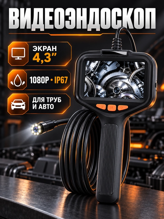 Технический видеоэндоскоп с экраном 4,3″, камера-зонд 1080P IP67 для труб и авто - 