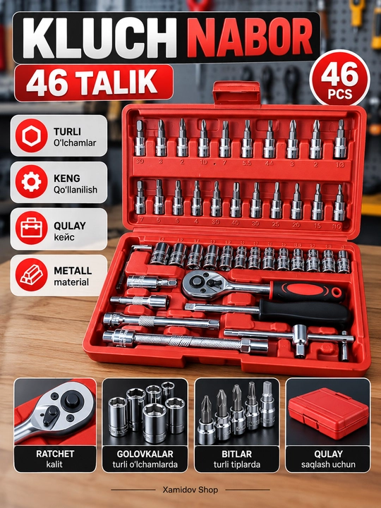 46 talik kalitlar to‘plami, trishotka, golovkalar va bitlar bilan - 