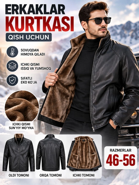 Erkaklar uchun eko charm kurtka, issiq astarli, kuz-qish mavsumi, 46–56 o‘lcham