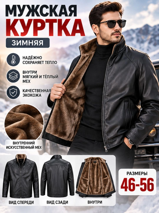Erkaklar uchun eko charm kurtka, issiq astarli, kuz-qish mavsumi, 46–56 o‘lcham