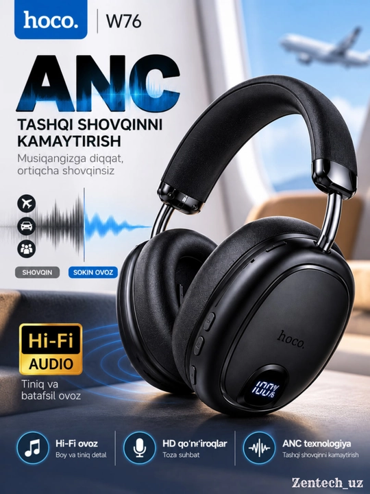 Hoco W76 беспроводные наушники — ANC, Bluetooth 5.4, LED-дисплей, до 90 часов работы