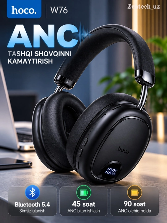 Hoco W76 беспроводные наушники — ANC, Bluetooth 5.4, LED-дисплей, до 90 часов работы - 