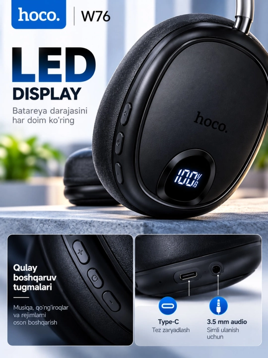 Hoco W76 беспроводные наушники — ANC, Bluetooth 5.4, LED-дисплей, до 90 часов работы