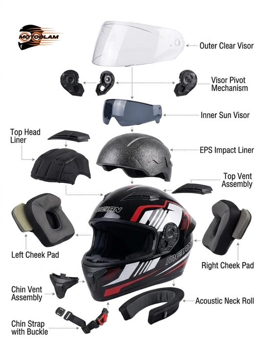 Mototsikl va skuter uchun to'liq yopiq (full-face) motoshlem MEIAN, DOT sertifikatli
