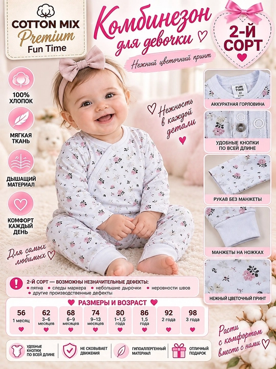 Qizaloqlar uchun Cotton Mix Premium Fun Time kombinezoni, 100% paxta, 2-nav - 