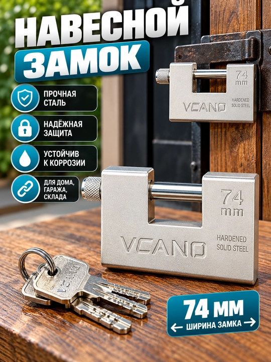 Навесной замок VCAP 74 мм из закалённой стали с ключами - 