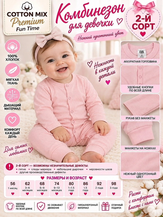 Qizaloqlar uchun Cotton Mix Premium Fun Time kombinezoni, 100% paxta, 2-nav - 